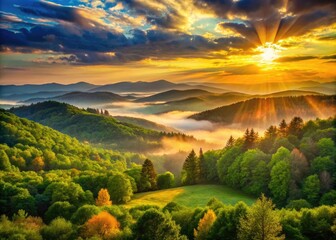 Wall Mural - Vibrant sunset casts warm golden light on a serene tranquil landscape of rolling hills, misty mountains, and majestic trees in lush green forest.