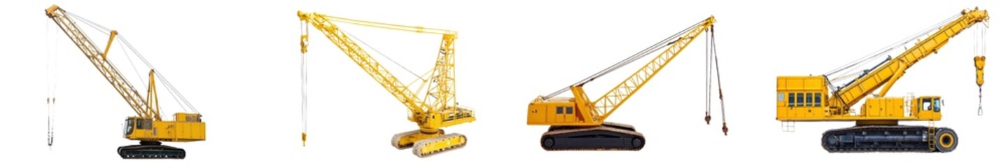 Poster - An isolated yellow construction crane constructs multi-story residential buildings using metal, concrete, and brick materials according to the architectural plan