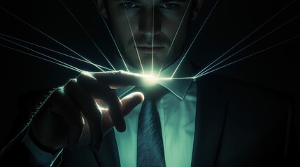 Wall Mural - A man in a suit is pointing at a glowing object