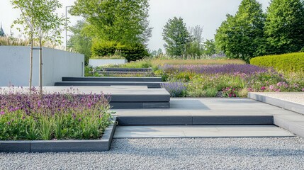 Modern Landscape Design with Stone Steps and Purple Flowers