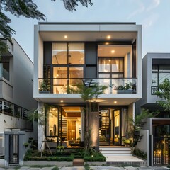 Modern Two Story House With Glass Doors and Balcony