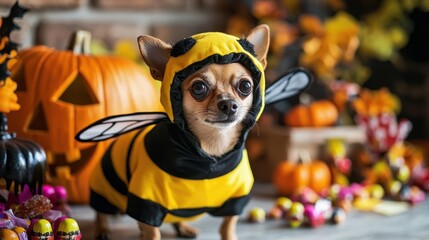 A small dog is wearing a bee costume and standing in front of a pumpkin