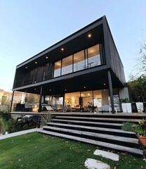 Modern Black Two Story House with Large Windows