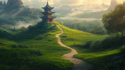 A small temple stands at the end of a winding path through a lush green field, offering a peaceful and spiritual retreat.