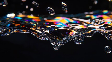 Wall Mural - Dynamic reflective liquid shapes with a rainbow effect floating on black