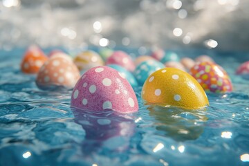 Wall Mural - Colorful easter eggs floating in water. 3d render illustration with generative ai