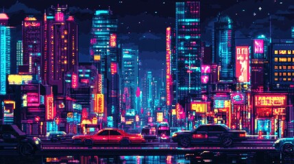 A vibrant 8-bit pixel art cityscape with skyscrapers, cars, and neon signs, evoking nostalgic vibes of retro gaming and urban life.