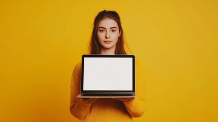 Girl with laptop on yellow background