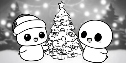 Cute Cartoon Snowman and Ghost Celebrating Christmas