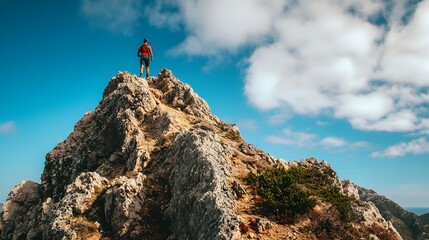 Lone hiker standing atop a rugged mountain peak against a dramatic sky