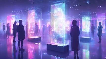 Wall Mural - A futuristic exhibition space with glowing displays and silhouetted visitors.