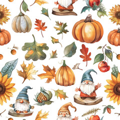 Wall Mural - themed illustration featuring gnomes, pumpkins, leaves, and sunflowers on a white background. Concept of fall season