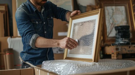 Man Packing Framed Artwork in Box