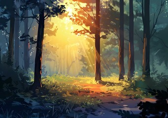 Canvas Print - Forest Sunbeams Painting Illustration