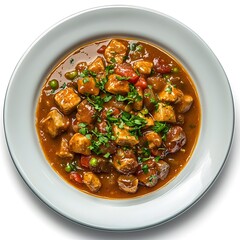 Delicious homemade beef stew with vegetables and fresh herbs in a bowl