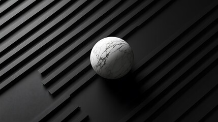 Wall Mural - Sleek Minimalistic Design with Black Slats and White Marble Sphere on Dark Background - High Detail Hyper-realistic Wallpaper