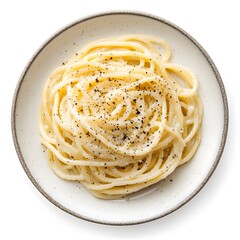 Creamy cacio e pepe pasta on ceramic plate with cracked black pepper garnish