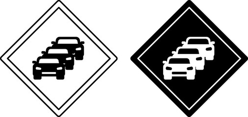 Sticker - Signs Traffic Jam. Warning Diamond Road Signs. Car Congestion on the Road. Black and White Vector Icons