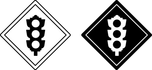 Poster - Signs Traffic Signals Ahead. Warning Diamond Road Signs. Black and White Vector Icons