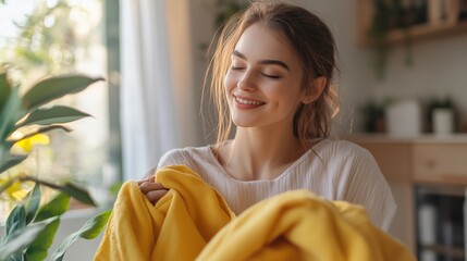 Wall Mural - Young woman enjoys a cozy moment while holding a vibrant yellow blanket in a sunlit room filled with plants