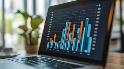 A bar chart on a laptop screen showing upward business trends