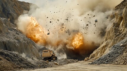 Piles of freshly mined stone in an open quarry, with industrial equipment and mining trucks in the distance