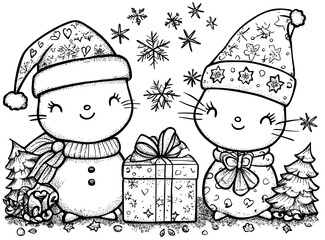 Wall Mural - Cute Cat Christmas Coloring Page