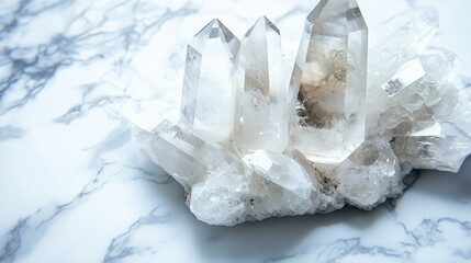Poster - sparkling quartz crystal cluster on a light marble surface showcasing natural beauty and intriguing 