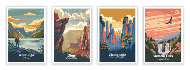 Set of 4 Vintag travel posters, Vintage travel illustrations, Vector colorful illustrations. Trendy printable wall art with beautiful landscapes. 