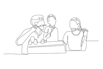 Wall Mural - Family eating barbeque. Barbequing with friends or family concept one-line drawing