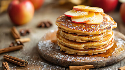 Wall Mural - cinnamon apple pancakes on a wooden table,