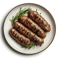 Wall Mural - Grilled sausages with rosemary garnish on rustic plate