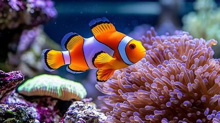 A clownfish glides near a sea anemone, dancing gracefully in its aquarium home.