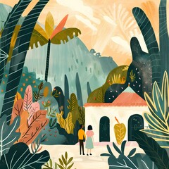 Canvas Print - Couple in front of house in tropical garden illustration