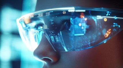 Poster - Augmented reality glasses projecting holograms in front of the wearer, showcasing futuristic data overlays and interactive elements.