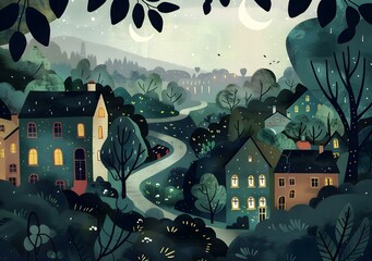 Wall Mural - Nighttime Village Illustration With Winding Road