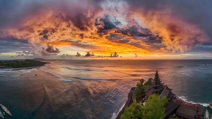 Incredibly and amazing beautiful sunset on the ocean. Bali Island in Indonesia