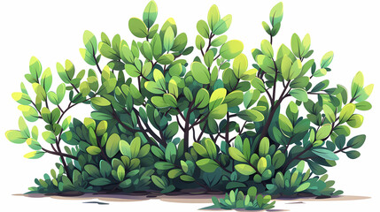 Cute green bush from the forest cartoon, isolated nature object for kids design. Branches and leaves of a fluffy bush isolated on a white background. Vector hand drawn illustration in paper cute style