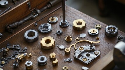 Close-up of brass and steel gears, nuts, and mechanical parts meticulously arranged on a wooden tabletop, exuding mechanical craftsmanship.