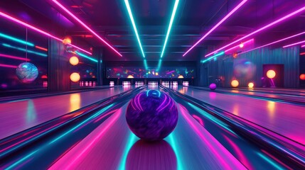 Wall Mural - a modern bowling alley scene with neon-lit bowling balls rolling down a polished lane, vibrant and l