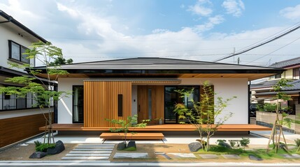 Wall Mural - Modern Japanese House With Wooden Facade And Green Plants