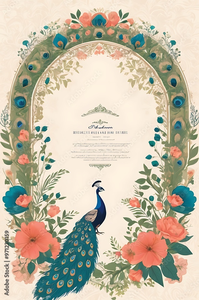 Mughal arch garden wedding invitation frame featuring a peacock and ...
