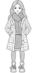 Wall Mural - Girl in a Plaid Coat and Scarf Coloring Page