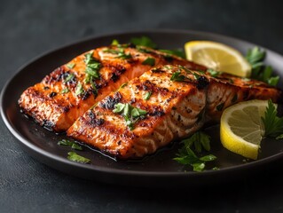 Wall Mural - Grilled salmon fillets garnished with parsley and served with lemon slices on a black plate.