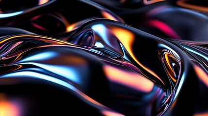 Wall Mural - Fluid liquid metal reflecting iridescent hues in a black futuristic design