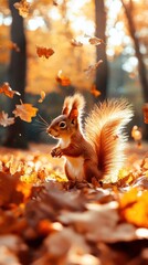 Wall Mural - A squirrel sitting on top of a pile of leaves