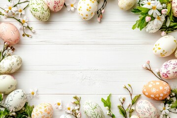 Wall Mural - Easter eggs and spring flowers on white wooden background. Top view with copy space with generative ai