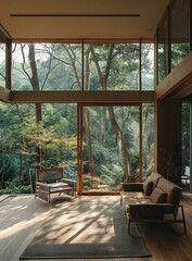 Modern Minimalist Living Room With Large Windows and a View of a Forest