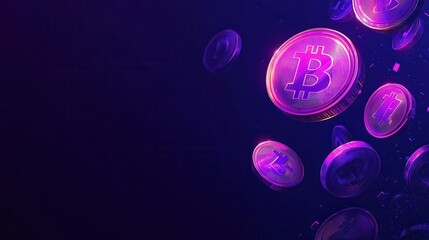 Wall Mural - futuristic purple and pink holographic coins with a Bitcoin symbol on a dark blue background, a cyber money concept banner design, and digital technology.