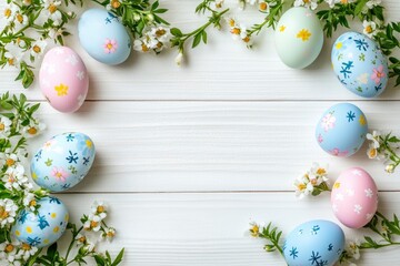 Wall Mural - Easter eggs and spring flowers on white wooden background. Top view with copy space with generative ai